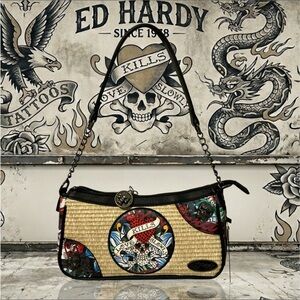 🐅🖤 Ed Hardy Love Kills Slowly Beige Straw Shoulder Bag Black Tattoo Skull Tiger